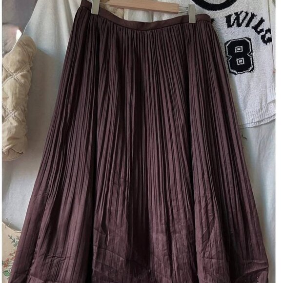 Brown Accordion Pleated Midi Skirt with Scallop Hem - Picture 1 of 3